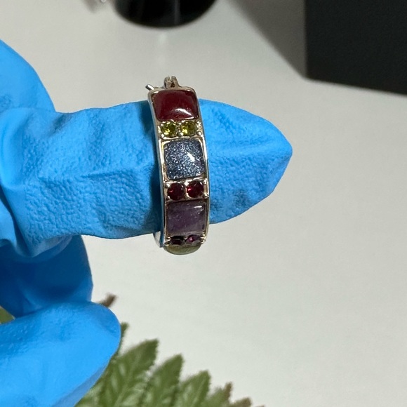 Signed Liz Claiborne Pierced Earrings Enamel Hoops Multicolor Rhinestone 3/4” - Picture 5 of 8